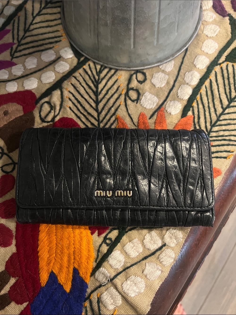 Vintage Miu Miu Black Matelassé Leather Wallet on Chain Clutch Gold Hardware